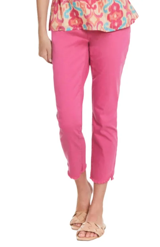 Comfortable And Casual Crop Step Fray Hem Jeans In Bright Pink