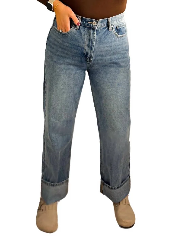 Double-sided Wear Cuffed Boyfriend Denim Jeans In Blue