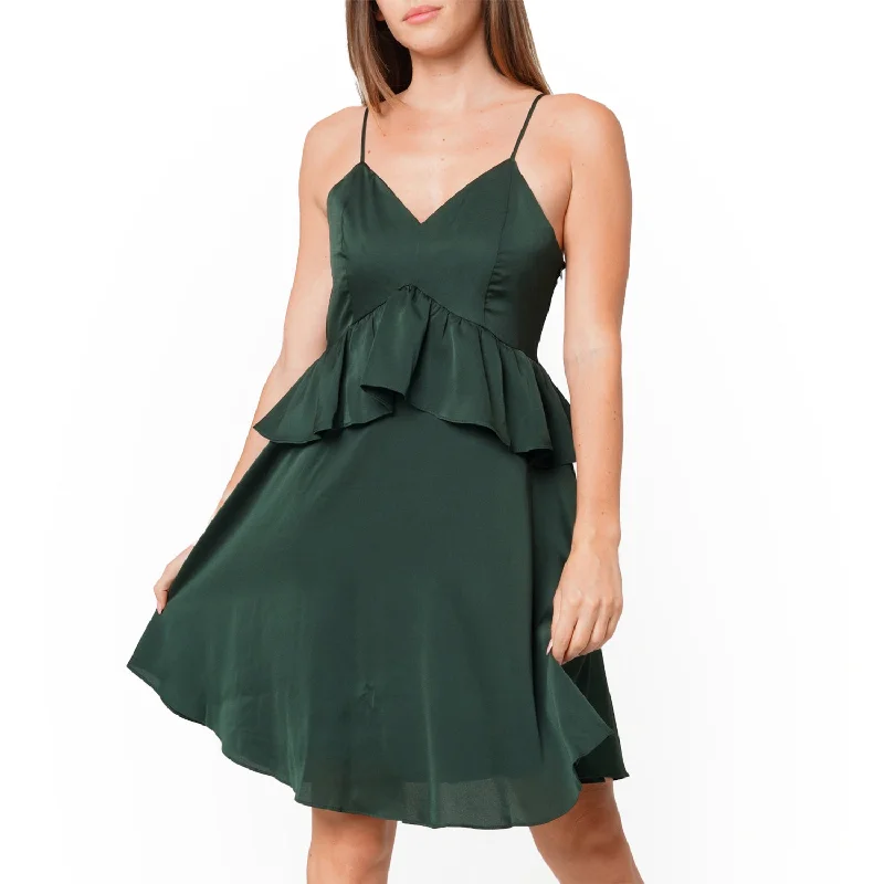 Playful Style Deep V-neck Ruffle Baby Doll Dress In Hunter Green