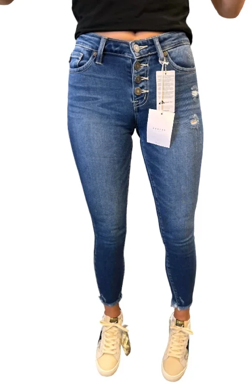 Urban Style Gemma Button Skinny Jeans In Mid Wash Denim
