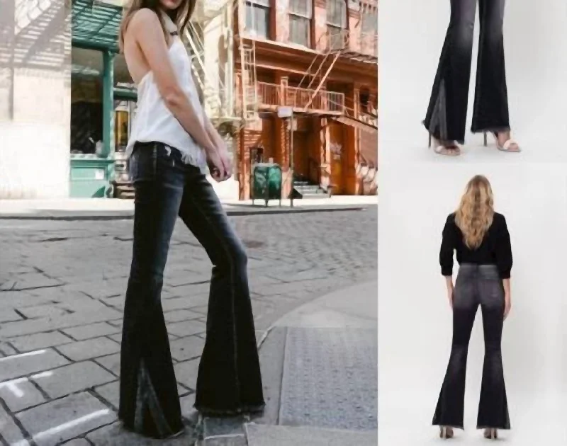 Bright Colors High Rise Flare Jeans W/ Contrast Panel In Faded Black