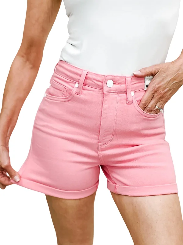 Carefree Style High Rise Tummy Control Garment Dyed Shorts In Pink