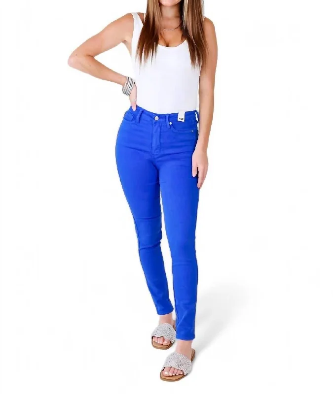 Simple Style High Waist Control Top Garment Dyed Skinny Jean - Regular/curvy In Cobalt