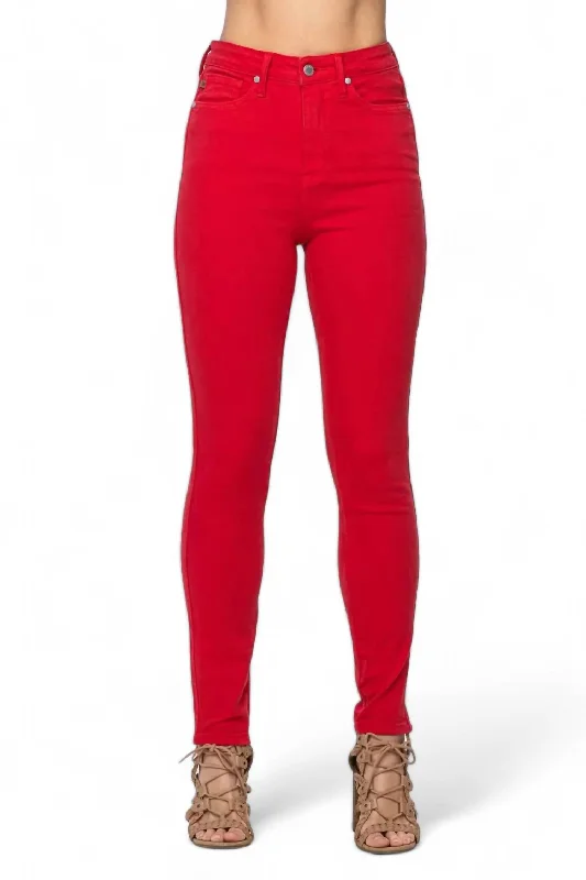 Classic Style High Waist Control Top Garment Dyed Skinny Jean - Regular/curvy In Red
