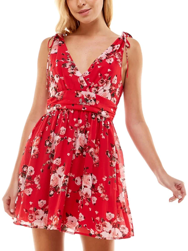 Designer Style Juniors Womens Floral Print Surplice Mini Dress
