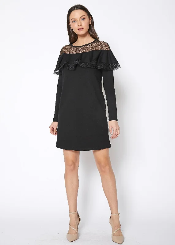 Playful Style Lace Trim Sweatshirt Dress In Black