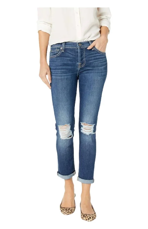 Girl Style Mid Rise Destroyed Denim Jeans In Navy