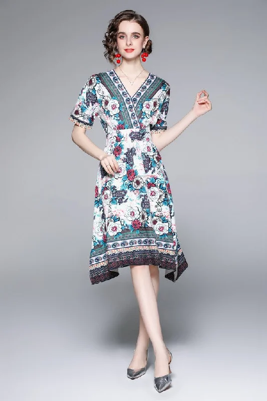 Exclusive Customization Multicolor Day A-line V-neck Short Sleeve Knee Printed Dress