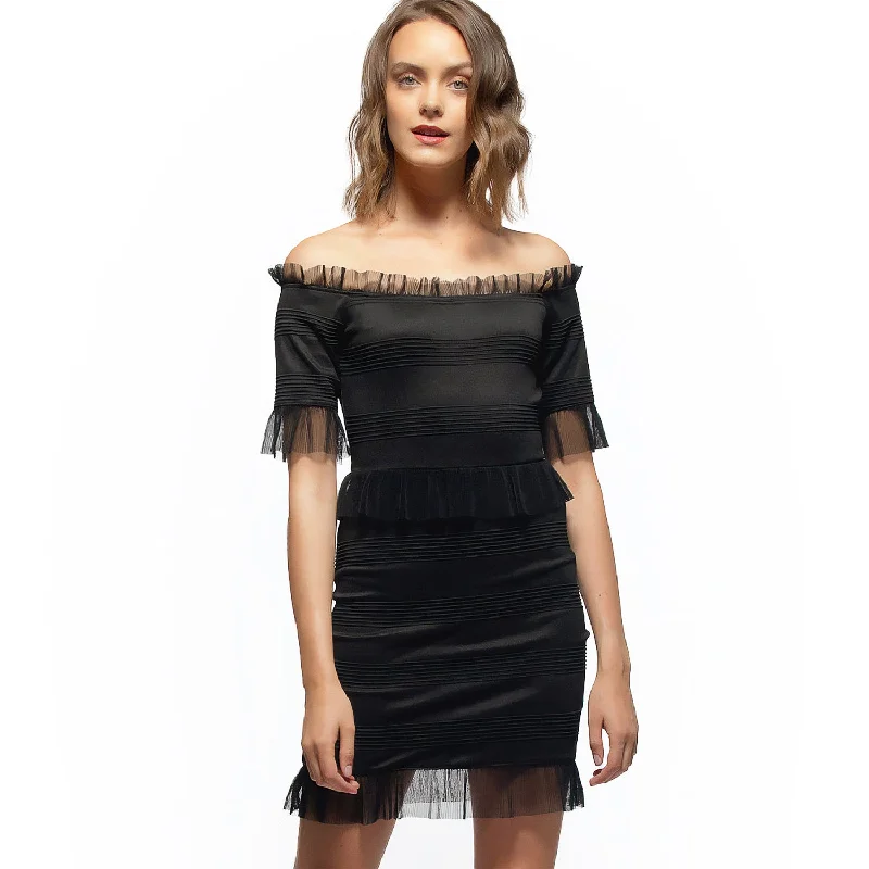 British Fashion Off Shoulder Lace Trim Bodycon Dress In Black