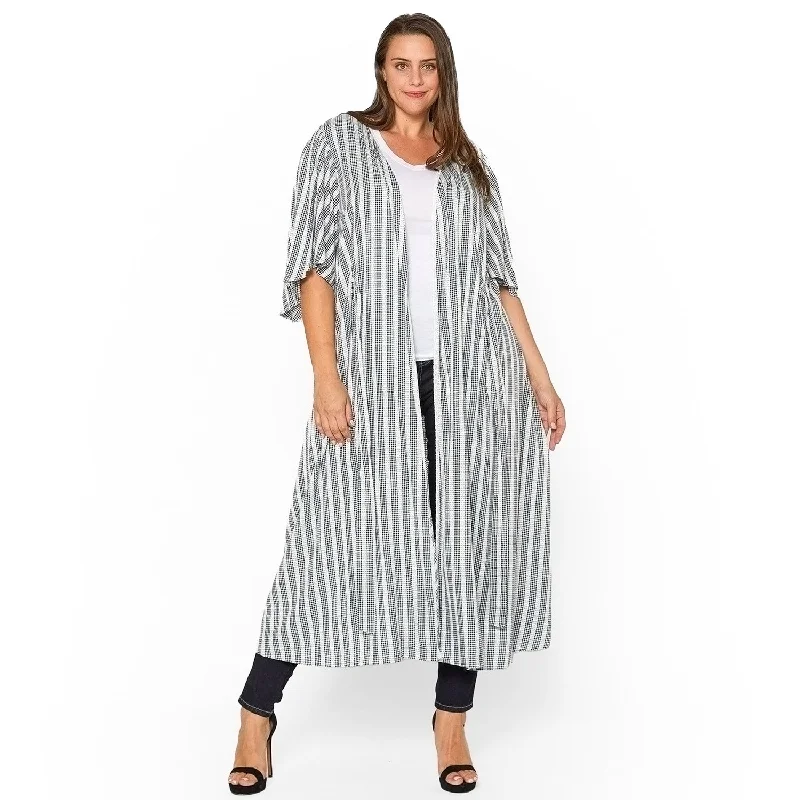Outdoor Trend Plus Size Lace Trim Tie Front Maxi Cardigan in Ditsy Gingham