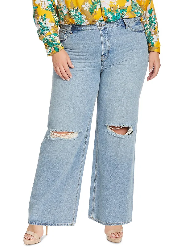 Nightclub Style Plus Womens Destroyed Denim Wide Leg Jeans