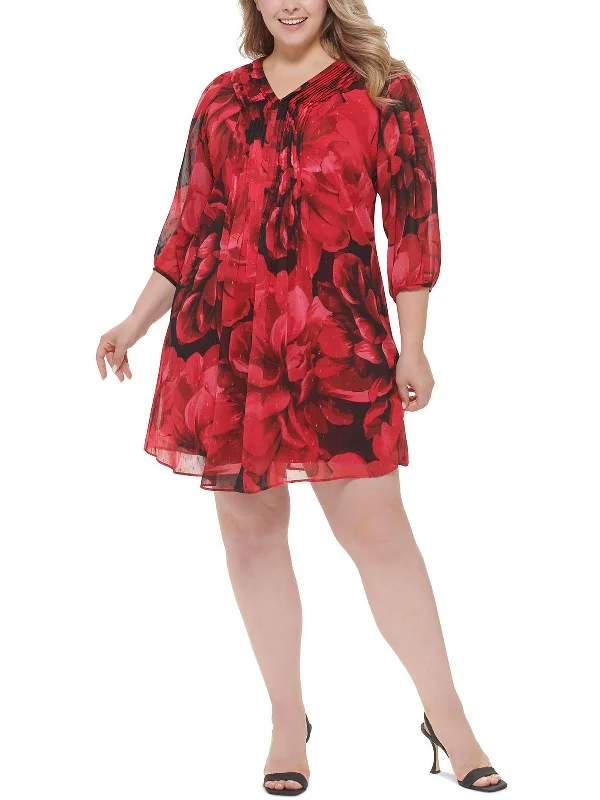 Fresh And Simple Plus Womens Floral Pintuck Cocktail and Party Dress
