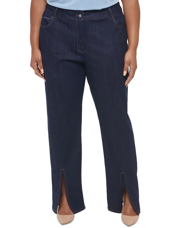 Sweet Girl Plus Womens High Rise Front Slit Straight Leg Jeans