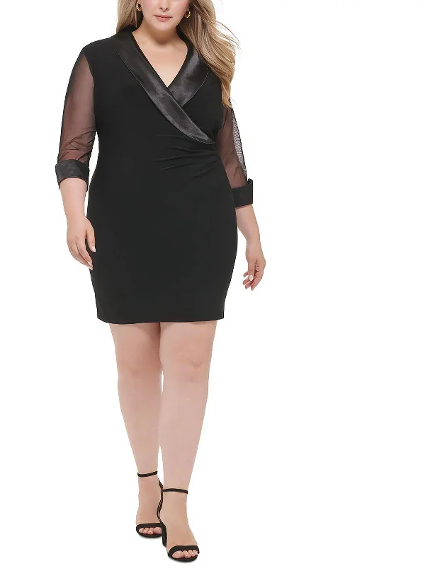Exquisite Fabrics Plus Womens Illusion Faux Wrap Shift Dress