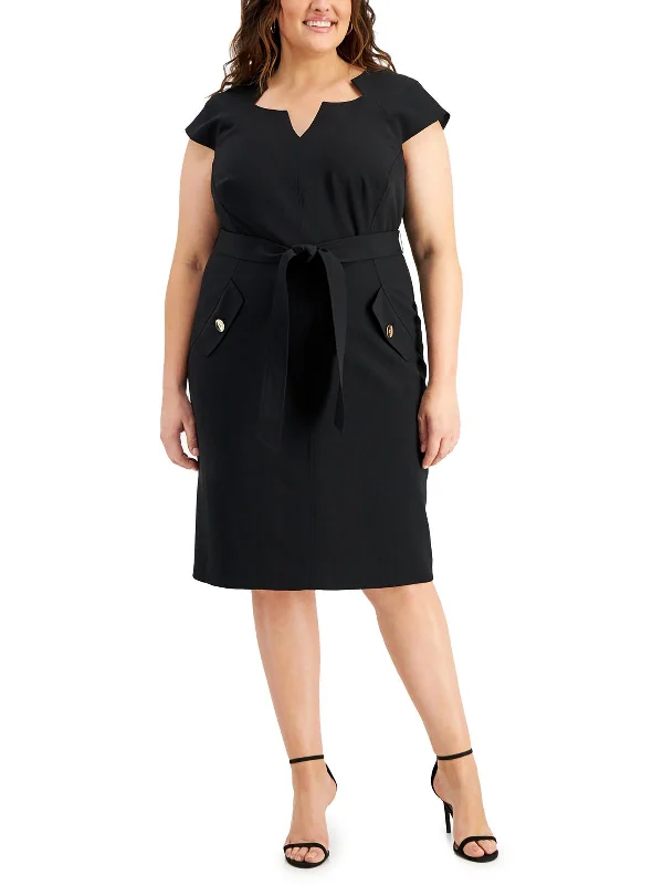 Simple Style Plus Womens Split Neck Midi Sheath Dress