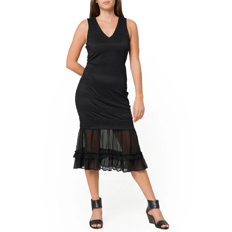 High-quality Fabrics Sleeveless V-neck Sheer Ruffle Hem Bodycon Dress In Black