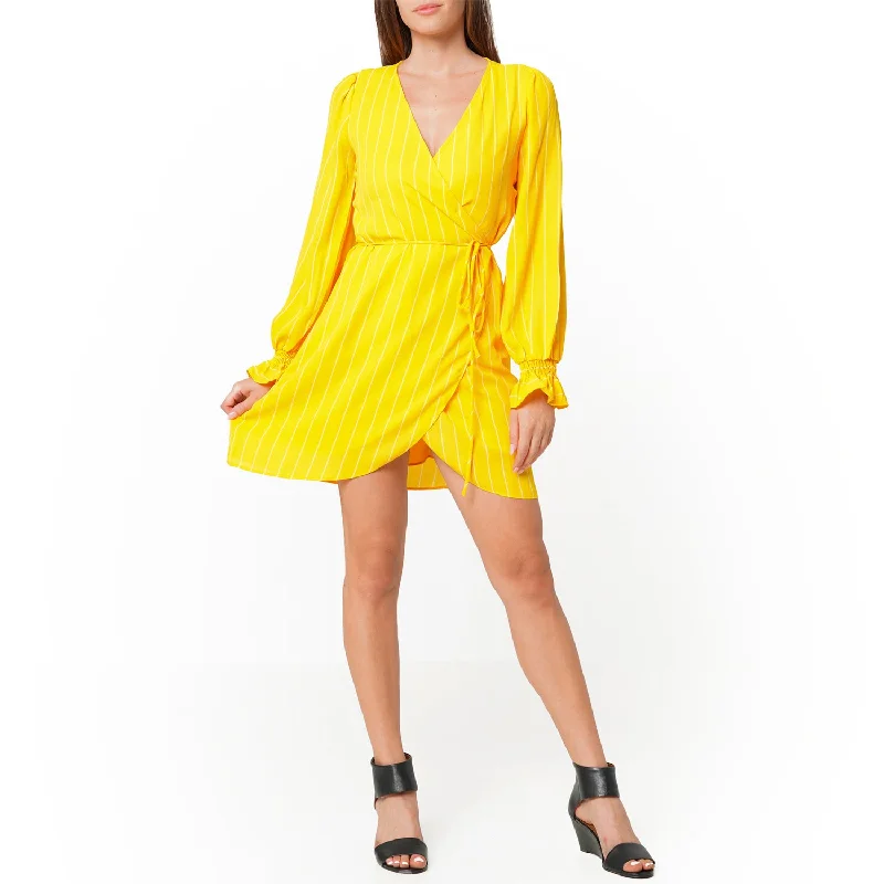 Urban Style Smocked Bell Sleeve Wrap Dress in Yellow