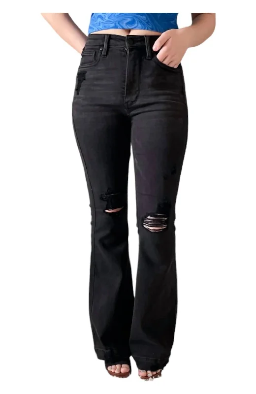 College Style Tummy Control Destroy Flare Jeans In Black