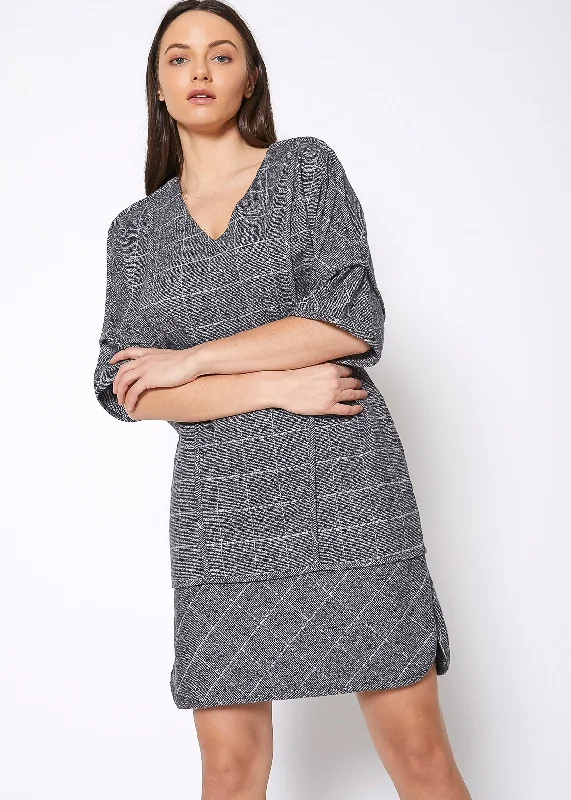Fashionable And Versatile V-Neck Brushed Cotton Check Dress In Grey Plaid