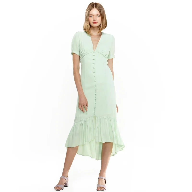 Elegant Tailoring V-Neck Mermaid Button Down Maxi Dress In Spring Sage