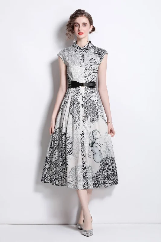 Warm Atmosphere White & Black Day A-line Shirt Colar Sleeveless Midi Printed Dress