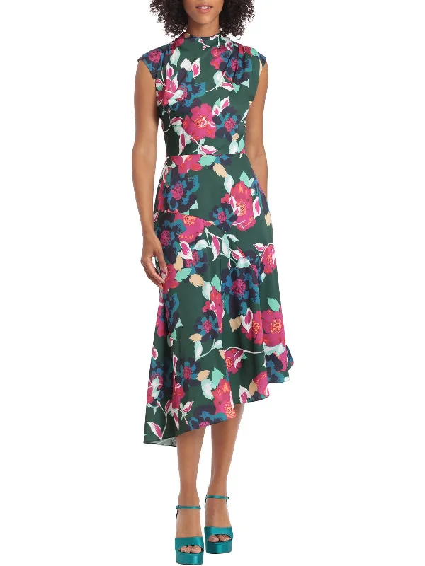 Short Design Womens Floral Asymmetric Midi Dress
