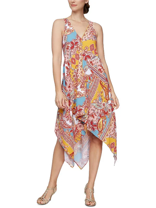 Slightly Flared Design Womens Handkerchief Hem Printed Maxi Dress