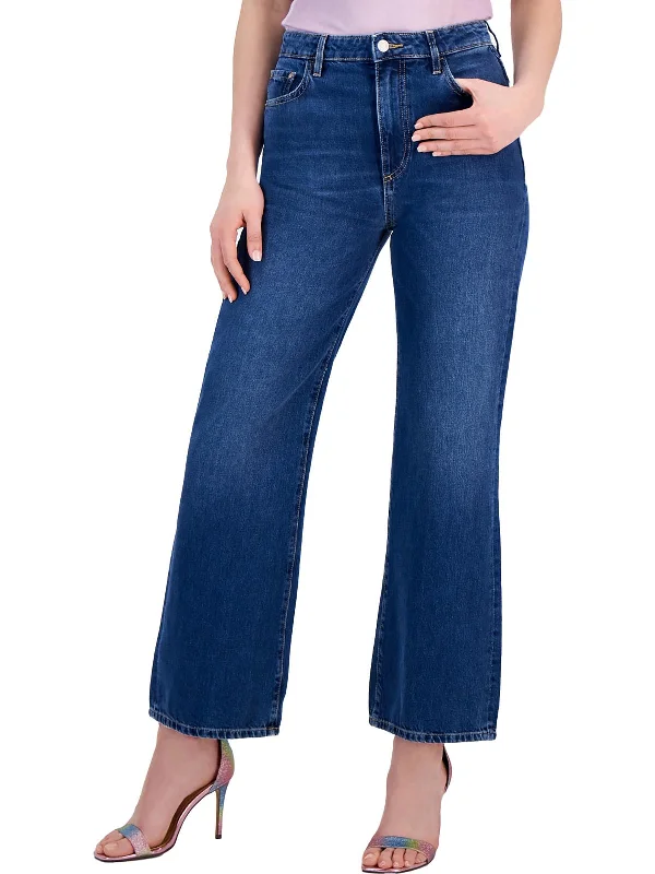 Floral Prints Womens Mid Rise Medium Wash Wide Leg Jeans