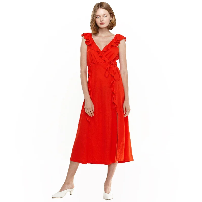 Fresh And Natural Women's Ruffle Trim Wrapped Maxi Dress in Red