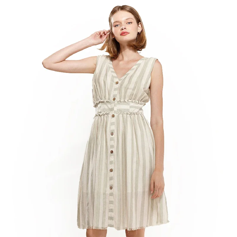 Simple Solid Color Women's Sleeveless Button Down Stripe Dress in Sage