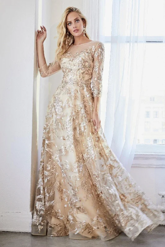 Cinderella Divine CR855 Long Sleeve Gold Formal Dress