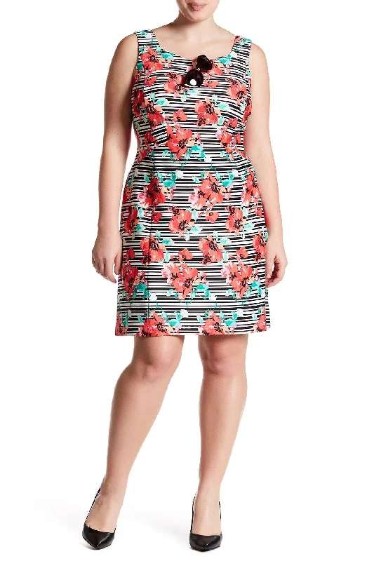 Comfortable And Casual Adrianna Papell - Floral Print and Striped Fitted Dress AP1D100873SC