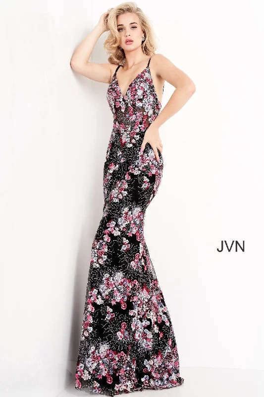 Casual Style Jovani 05627 Embroidered V Neck Long Prom Dress