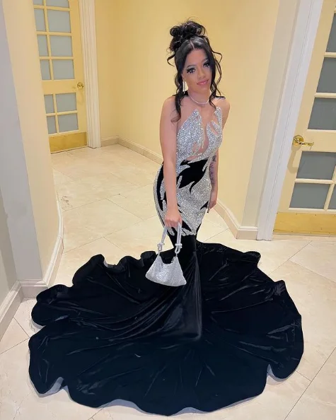 Stretch Design Charming Black Girl Appliques Velvet Mermaid Evening Prom Dress, DP2364