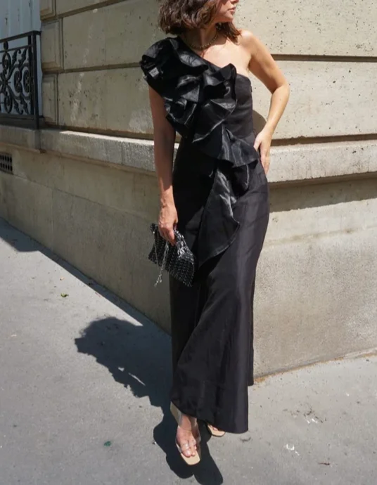 Free And Casual Claccy Black A-Line One Shoulder Ruffle Formal Party Dress, DP2359