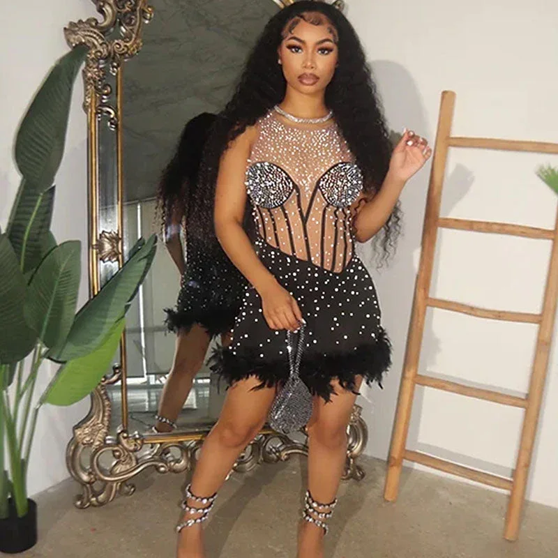 Personalized Clothing Luxury Rhinestone Feathers Mesh Birthday Party Dress Evening Cocktail Dress, DP2375