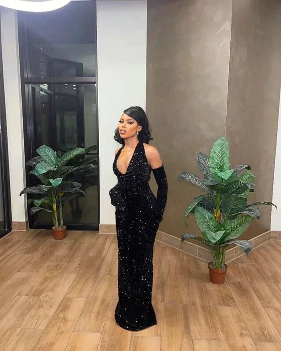 Sexy Fun Mermaid Sequin Black Floor Length Black Girl Prom Dresses, DP2369