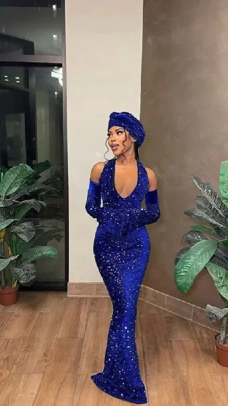 Comfortable And Versatile Mermaid Sequin Royal Blue Floor Length Black Girl Prom Dresses, DP2368