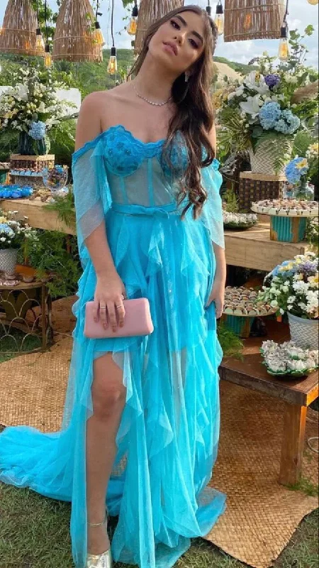 Simple And Comfortable Off Shoulder A-Line Blue Long Prom Dress Charming Evening Dress, DP2376