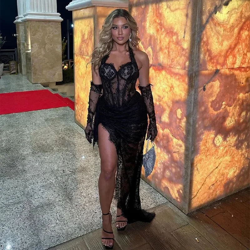 Trendy Items Sexy Lace Appliques Mermaid Black Girl Birthday Party Dress Illusion Evening Dress, DP2366