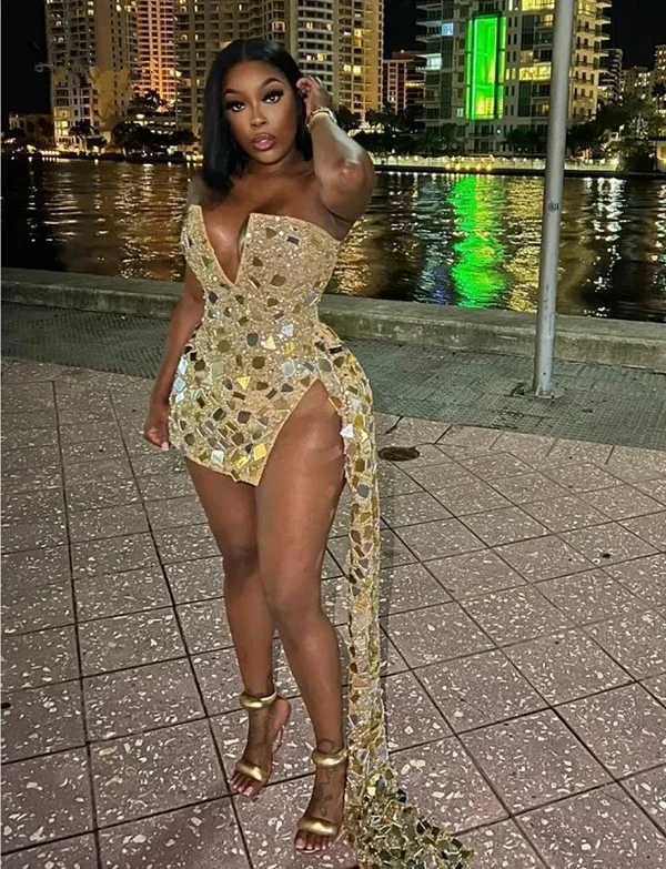Casual And Casual Sparkle Gold Beaded Evening Party Dresses Black Girl Birthday Cocktail Wear, DP2373