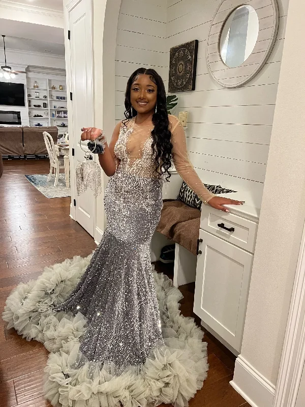 Sweet Girl Sparkly Sivler Sequins Mermaid Prom Dress Black Girls Bead Evening Party Gown, DP2374